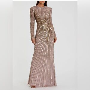 NEW MAC DUGGAL Light Brown Embellished Puff Sleeve Side Knot Gown 5641 Size 18